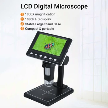 4,3 dyuymli 1080p ekranli raqamli mikroskop Foto va Video 1000x kattalashtirish Zoom 8pcs Stereo mikroskop