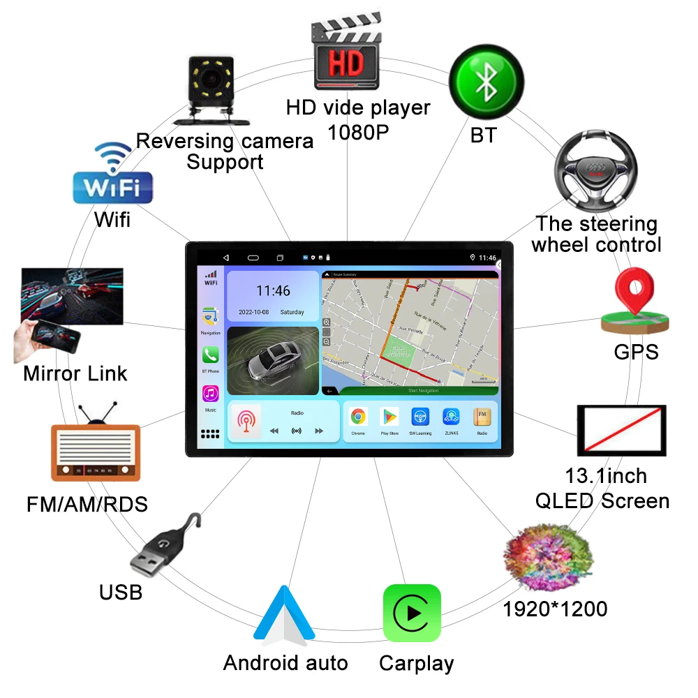 Honda FIT uchun 13,1 dyuymli avtomobil radiosi 14-17 ikki teshikli avtomobil DVD GPS navigatsiya Stereo Carplay 2 Din Markaziy Multimedia Android Auto